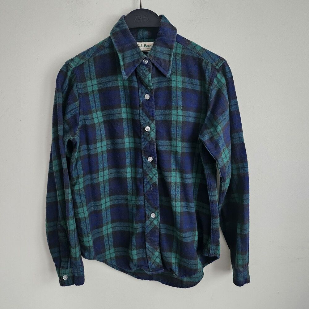 L.L. Bean Green and Navy Plaid Button-Down Shirt